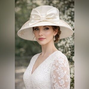 Lynda’s New York Ivory Wide Brim Dress Hat with Satin Bow & Gold Studs – New